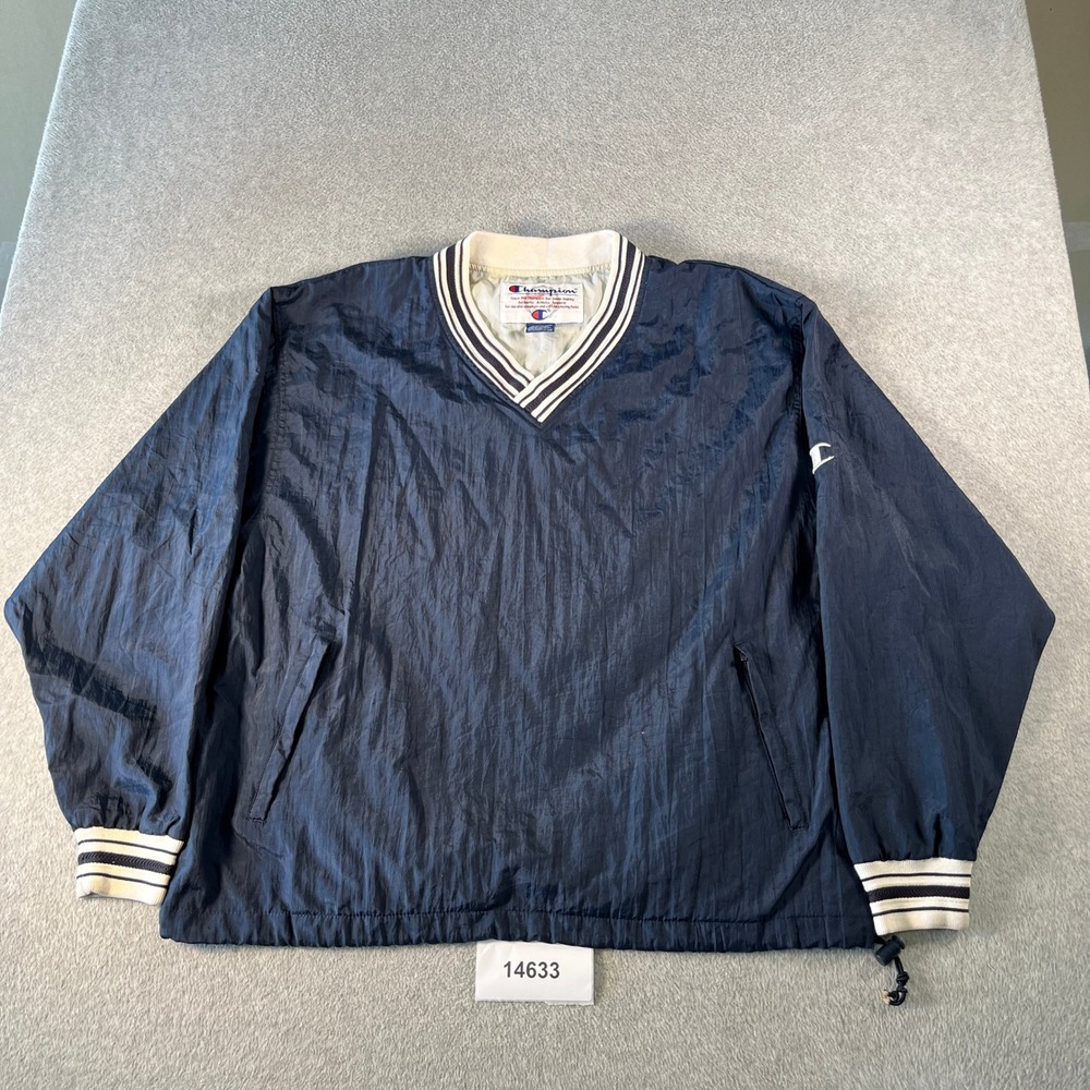 Vintage Champion Windbreaker Jacket Mens Large Navy Blue Cotton V Neck Pullover